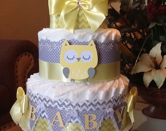 Neutral diaper cake/ Owl diaper cake/ Owl baby shower Centerpiece/Gift/Yellow and grey diaper cake/Yellow and Grey Owl baby shower/