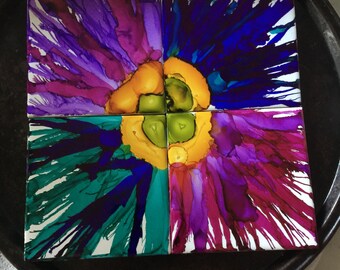 4 Piece flower burst tile coaster