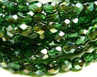 4mm Prairie Green Celsian Czech Glass Beads - 8 Inch Strand (50pcs) - Round, Faceted, Fire Polished - BD46