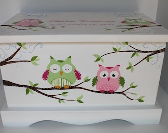 Baby Keepsake Box - Owl Keepsake Chest green/pink baby memory box personalized baby shower gift hand painted