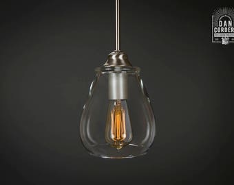 Glass Pendant Light Fixture | Edison Bulb | Brushed Nickel | Pendant | Kitchen Light | Pendant Light | Edison Light Bulb | Pear