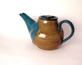 Beige and Turquoise Handmade Ceramic Tea Pot, Stoneware Pottery Tea Pot