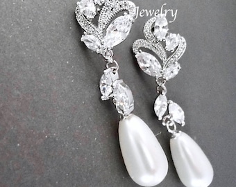 Pearl earrings, Marquise cut cubic zirconias, Brides earrings, Wedding earrings, Swarovski pearl earrings, High quality ~ Lux, LILLY