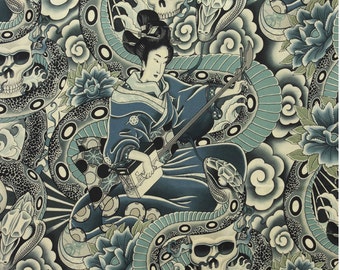 Zen Charmer 100% Cotton Fabric in Teal, Tattoo by Alexander Henry Asian Themes Geisha
