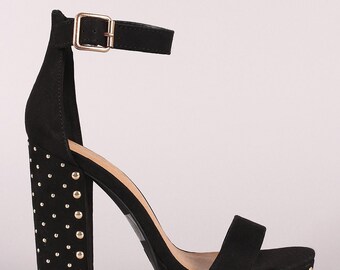 Suede Ankle Strap Studded Chunky Platform Heel