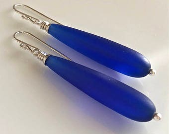 Cobalt Blue Cultured Sea Glass Earrings Sterling Silver Earrings L ong Dangle Earrings Beach Glass