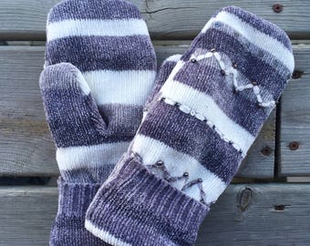 Mittens - Grey and White Striped - Upcycled Sweater