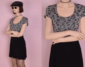 90s Black and White Floral Print Dress/ Medium/ 1990s/ Short Sleeve
