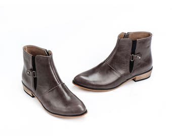 Women Leather Booties / Flat Shoes / Taupe Leather Boots / Grey-Brown Office Shoes / Designers Leather Shoes / Wood Heels Shoes - Jerry