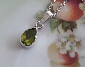 Peridot necklace, option for sterling silver chain lengths, faceted teardrop gemstone, option for various lengths