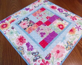 Quilted Patchwork Table Topper, Quilted Spring Table Top, Quilted Table Runner, Table Quilt, Butterflies and Flowers, Quilted