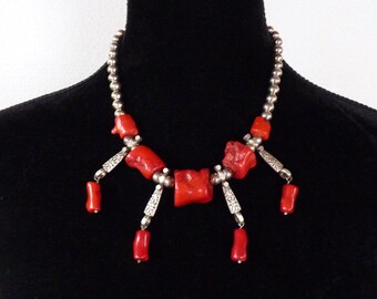 Handmade Tribal Necklace Red Coral Chunks with Vintage Silver Plated Beads