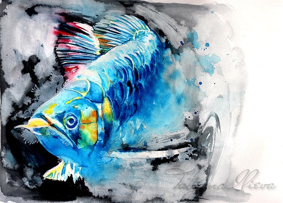 Items similar to Feng Shui Arowana Fish Watercolor Print 