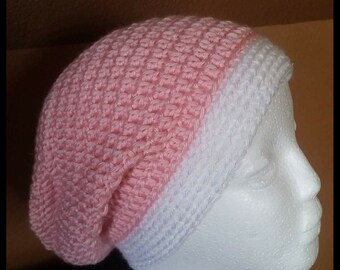 Pink and white slouchy beanie