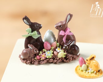 MTO-Chocolate Easter Rabbit Family Display (A) - Miniature Food in 12th Scale for Dollhouse