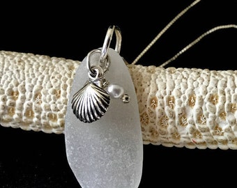 Sea Glass Necklace, Sterling Necklace, Clamshell Necklace, Clamshell Charm Jewelry, Lake Erie Beach Glass Jewelry