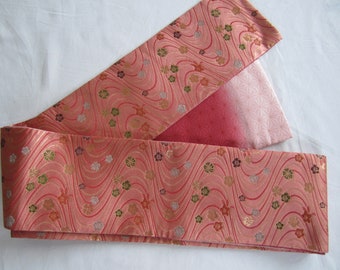Beautiful reversible hanhaba obi with flowers, asanoha- 405cm - Kimono sash for kitsuke or home decor