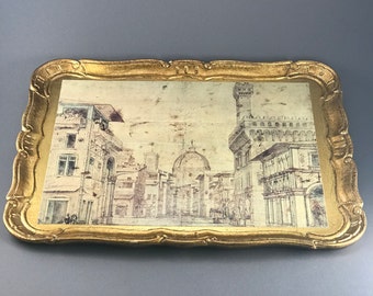 Hollywood Regency Vintage Florentine Italian Tray, good distressed condition, size 17" x 13", Gold color with a scene of Florence,