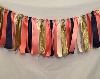 Satin Ribbon Garland/Coral Fabric Garland/Ribbon Backdrop/Tassel Garland/Coral Wedding Decor/Coral Ribbon Garland/Navy Ribbon Banner