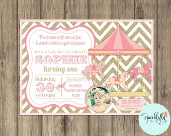 Carousel Invitation Carnival Invitation Printable Pink Gold Glitter by Sparklefly Paperie