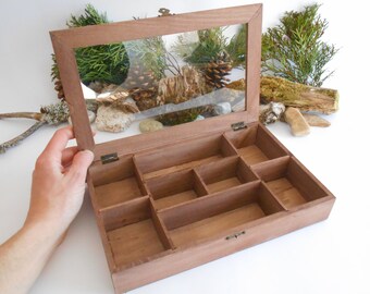 Wooden Tea box with glass display- bamboo jewelry box- keepsake wood box- 8 compartments display box- storage box, unfinished box- herbs box