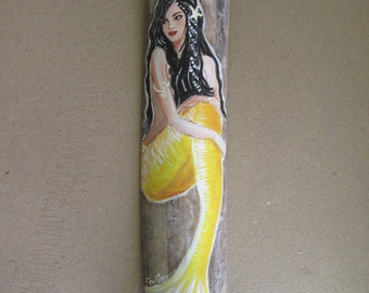 Beautiful Etnic Caribbean Mermaid Hand Painted on driftwood- Original art- Mermaid Decor