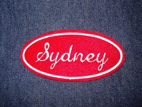 Oval Name Patch - red and white embroidery