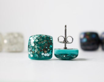 MERMAID GLITTER STUDS. Surgical Steel Posts. teal earrings. teal studs. aqua studs
