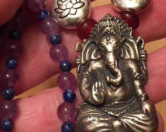 Lord Ganesh Amethyst and Lapis Lazuli Beaded Necklace