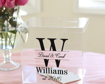 Personalized Wedding Card Box Clear Acrylic Monogrammed With Last Name (Item EEBB201)