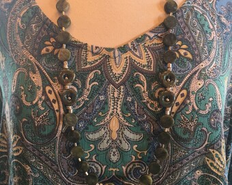 Custom Couture 1X Blue Green paisley tunic with blue green long beaded necklace 1497