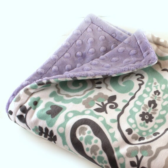 Personalized Girl Baby Lovey Blanket, Mini Minky Baby Blanket, Lavender Gray Mint Paisley Blanket, Security Blanket, Newborn Lovey Gift