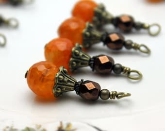 Orange Agate and Copper Czech Vintage Style Bead Dangle Charm Drop Set, Earring Dangle, Jewelry Making, Pendant