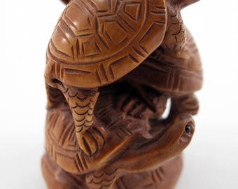 Turtle Stack Japanese Hand-Carved Boxwood Netsuke Bead