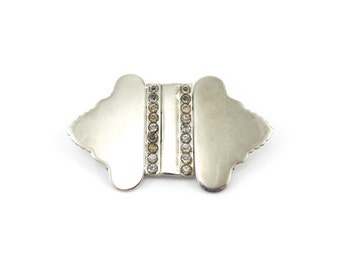 Vintage Czech Belt Buckle, Rhinestones, Silver Tone, Czechoslovakia