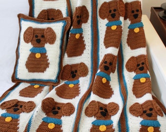PA817 Puppy Love Afghan and Pillow Crochet Pattern PDF