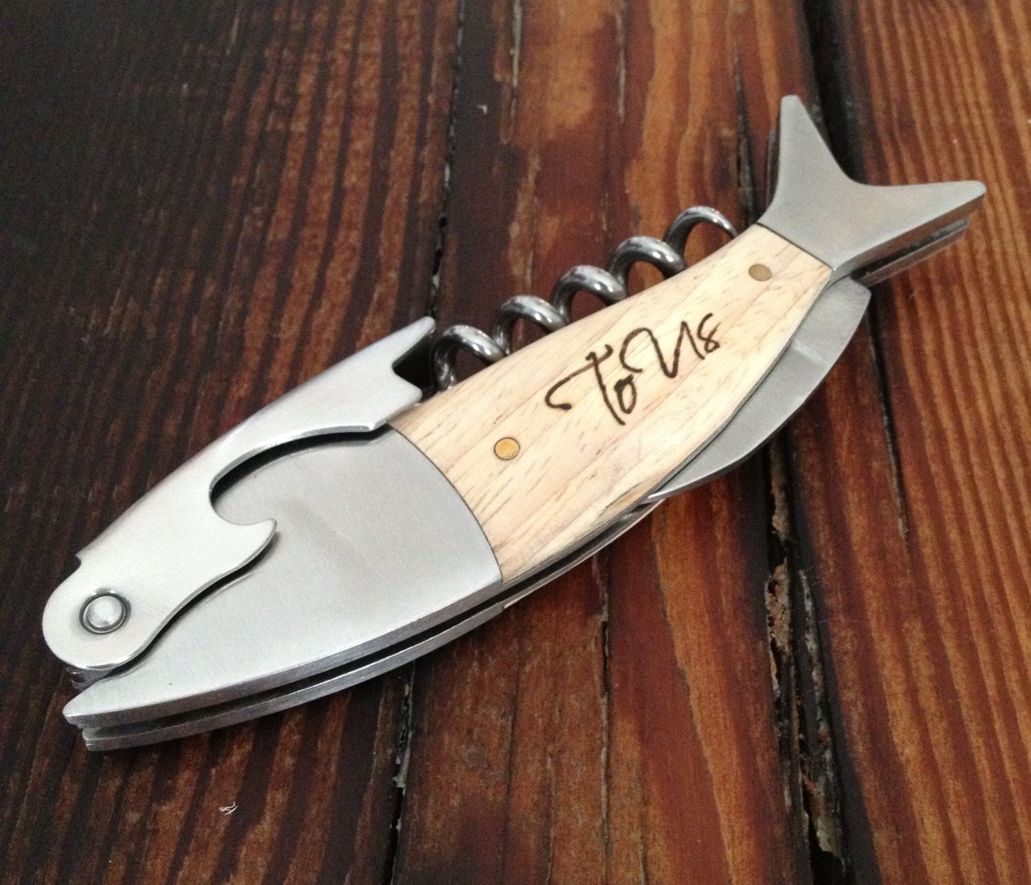 Custom Personalized Wood Fish Corkscrew Wine Key Bottle Opener