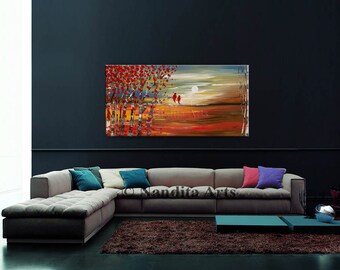 Abstract Painting LANDSCAPE PAINTING , Oil Paintings on Canvas 48" Large Textured Wall Art, Red Bird Birch Tree Art, Landscape Art, Nandita