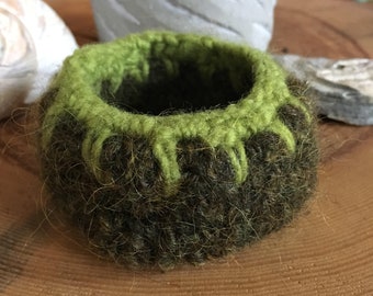 Little Crocheted & Felted Treasure Bowl - Olive Green and Lime