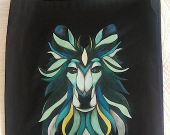 hand painted Blue wolf tote canvas bag