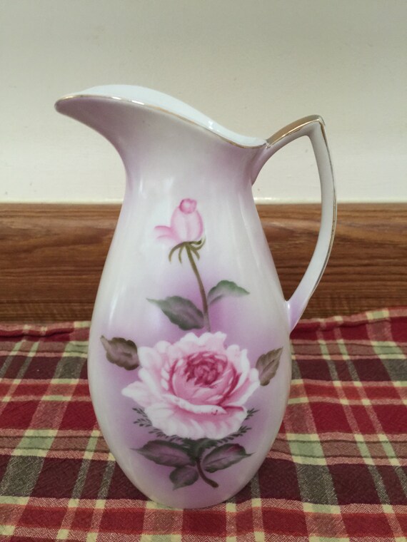 Vintage Pitcher Vase with painted Roses Vintage home Decor