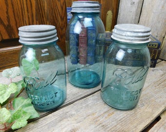 Set of 3 Vintage Blue Ball Canning Jars With Zinc and Porcelain Lids
