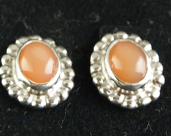 Peach Moonstone Post Earrings in Sterling Silver