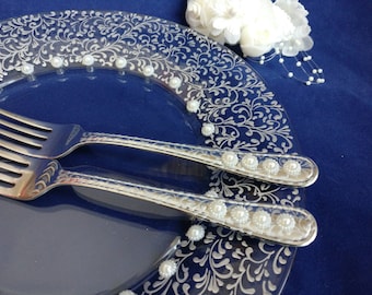 Wedding Forks and Plate Set, Wedding Forks, Wedding Plate, Silver Wedding Plate and Forks, Hand Painted Wedding Plate and Forks -- Set of 3