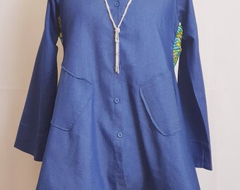 Elegant Denim Dipped Hem Shirt Dress Fused with Ankara Fabric