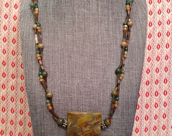 Natural gemstone and antiqued copper beaded necklace with a Rainforest Jasper focal
