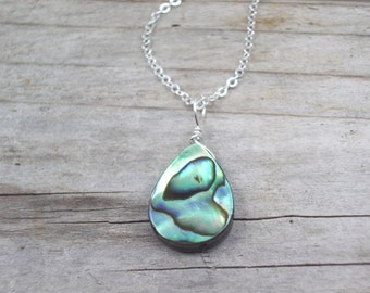 Abalone necklace Paua shell pendant abalone jewelry silver dainty chain teardrop pendant bead