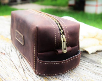 Personalized Travel Bag for Him/Leather men's toiletry bag/Dark Brown Waxed Leather Kit/Groomsman Gift/Personalized gift for him