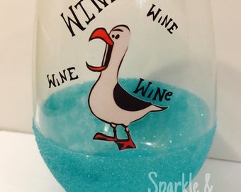 Disney's Finding Nemo Inspired Seagull Mine/Wine Stemless Wine Glass, Glitter-Dipped Wine Glass