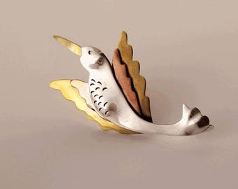 Hummingbird Pin in Sterling Silver and Mixed Metals, Vintage Far Fetched Bird Brooch
